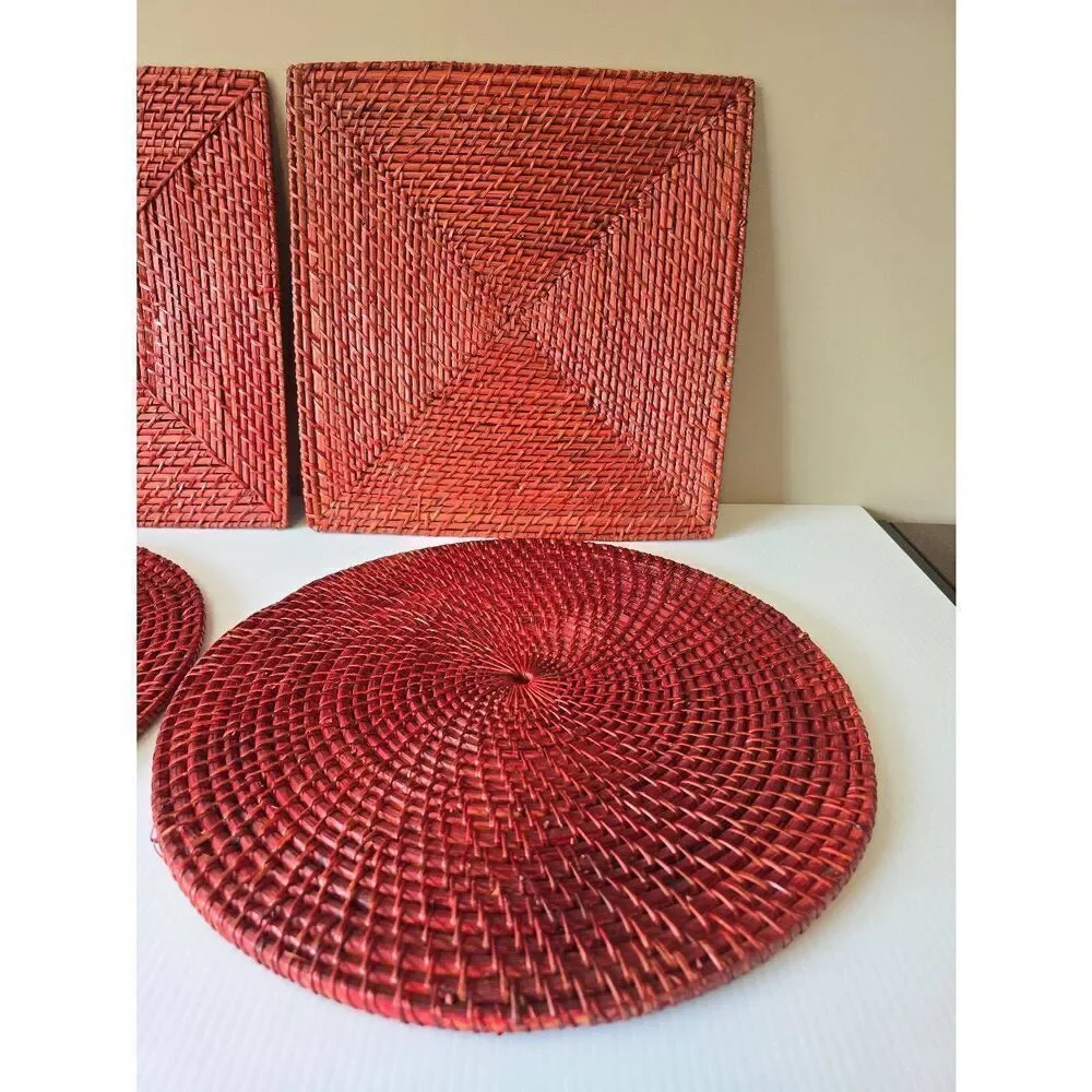 Rattan Placemats Set Red 2 Round 2 Square